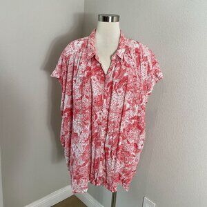 Old Navy Womens Plus 3X Floral Button Up Tunic Top Tropical Linen Blend Shirt